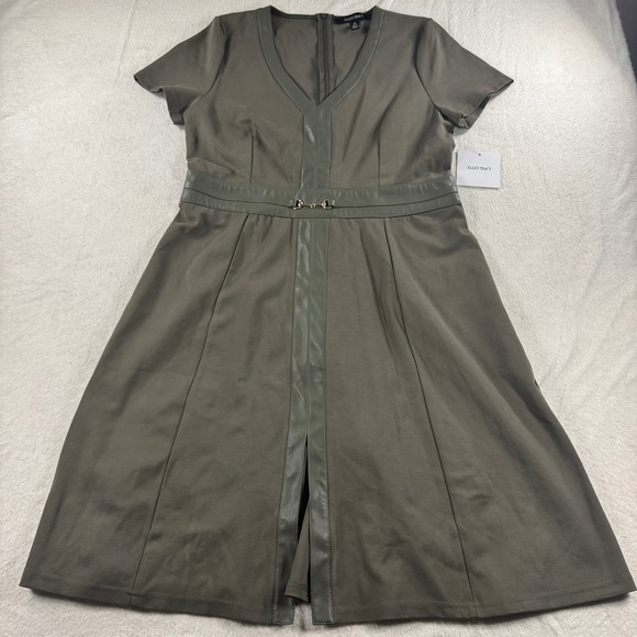 Ellen Tracy Olive Green Fit & Flare Dress Faux Leather Trim Work Career - Picture 1 of 8